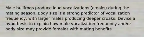 Male bullfrogs produce loud vocalizations (croaks) during the mating season. Body size is a strong predictor of vocalization frequency, with larger males producing deeper croaks. Devise a hypothesis to explain how male vocalization frequency and/or body size may provide females with mating benefits