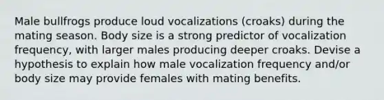 Male bullfrogs produce loud vocalizations (croaks) during the mating season. Body size is a strong predictor of vocalization frequency, with larger males producing deeper croaks. Devise a hypothesis to explain how male vocalization frequency and/or body size may provide females with mating benefits.