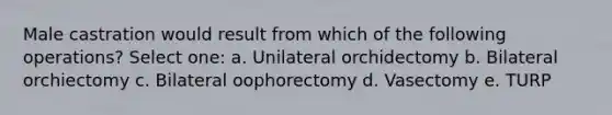 Male castration would result from which of the following operations? Select one: a. Unilateral orchidectomy b. Bilateral orchiectomy c. Bilateral oophorectomy d. Vasectomy e. TURP