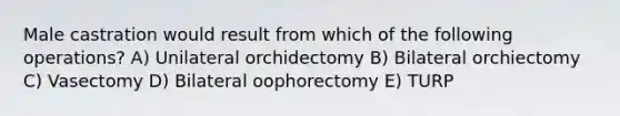 Male castration would result from which of the following operations? A) Unilateral orchidectomy B) Bilateral orchiectomy C) Vasectomy D) Bilateral oophorectomy E) TURP