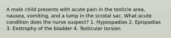 A male child presents with acute pain in the testicle area, nausea, vomiting, and a lump in the scrotal sac. What acute condition does the nurse suspect? 1. Hypospadias 2. Epispadias 3. Exstrophy of the bladder 4. Testicular torsion