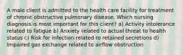 A male client is admitted to the health care facility for treatment of chronic obstructive pulmonary disease. Which nursing diagnosis is most important for this client? a) Activity intolerance related to fatigue b) Anxiety related to actual threat to health status c) Risk for infection related to retained secretions d) Impaired gas exchange related to airflow obstruction