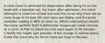 A male client is admitted for observation after being hit on the head with a baseball bat. Six hours after admission, the client attempts to crawl out of bed and asks the nurse why there are so many bugs in his bed. His vital signs are stable, and the pulse oximeter reading is 98% on room air. Which intervention should the nurse perform first? A.Administer oxygen per nasal cannula at 2 L/min. B.Plan to check his vital signs again in 30 minutes. C.Notify the health care provider of the change in mental status. D.Ask the client why he thinks there are bugs in the bed.