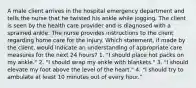 A male client arrives in the hospital emergency department and tells the nurse that he twisted his ankle while jogging. The client is seen by the health care provider and is diagnosed with a sprained ankle. The nurse provides instructions to the client regarding home care for the injury. Which statement, if made by the client, would indicate an understanding of appropriate care measures for the next 24 hours? 1. "I should place hot packs on my ankle." 2. "I should wrap my ankle with blankets." 3. "I should elevate my foot above the level of the heart." 4. "I should try to ambulate at least 10 minutes out of every hour."