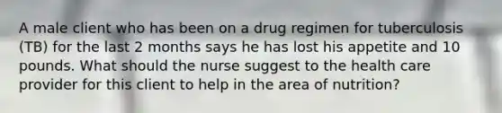 A male client who has been on a drug regimen for tuberculosis (TB) for the last 2 months says he has lost his appetite and 10 pounds. What should the nurse suggest to the health care provider for this client to help in the area of nutrition?