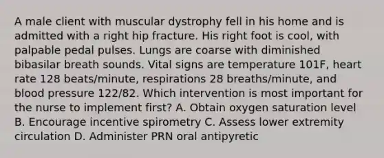 A male client with muscular dystrophy fell in his home and is admitted with a right hip fracture. His right foot is cool, with palpable pedal pulses. Lungs are coarse with diminished bibasilar breath sounds. Vital signs are temperature 101F, heart rate 128 beats/minute, respirations 28 breaths/minute, and blood pressure 122/82. Which intervention is most important for the nurse to implement first? A. Obtain oxygen saturation level B. Encourage incentive spirometry C. Assess lower extremity circulation D. Administer PRN oral antipyretic