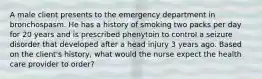 A male client presents to the emergency department in bronchospasm. He has a history of smoking two packs per day for 20 years and is prescribed phenytoin to control a seizure disorder that developed after a head injury 3 years ago. Based on the client's history, what would the nurse expect the health care provider to order?