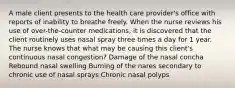 A male client presents to the health care provider's office with reports of inability to breathe freely. When the nurse reviews his use of over-the-counter medications, it is discovered that the client routinely uses nasal spray three times a day for 1 year. The nurse knows that what may be causing this client's continuous nasal congestion? Damage of the nasal concha Rebound nasal swelling Burning of the nares secondary to chronic use of nasal sprays Chronic nasal polyps