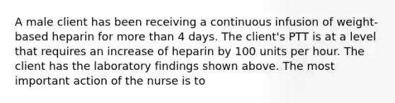 A male client has been receiving a continuous infusion of weight-based heparin for more than 4 days. The client's PTT is at a level that requires an increase of heparin by 100 units per hour. The client has the laboratory findings shown above. The most important action of the nurse is to