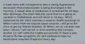 A male client with schizophrenia who is taking fluphenazine decanoate (Prolixindecanoate) is being discharged in the morning. A repeat dose of medication is scheduled for 20 days after discharge. The client tells the nurse that he is going on vacation in theBahamas and will return in 18 days. Which statement by the client indicates a need for health teaching? A) When I return from my tropical island vacation, I will go to the clinic to get my Prolixin injection. B) While I am on vacation and when I return, I will not eat or drink anything that contains alcohol. C) I will notify the healthcare provider if I have a sore throat or flu-like symptoms. D) I will continue to take my benztropine mesylate (Cogentin) every day.