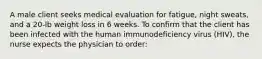 A male client seeks medical evaluation for fatigue, night sweats, and a 20-lb weight loss in 6 weeks. To confirm that the client has been infected with the human immunodeficiency virus (HIV), the nurse expects the physician to order: