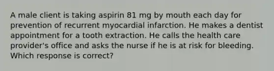 A male client is taking aspirin 81 mg by mouth each day for prevention of recurrent myocardial infarction. He makes a dentist appointment for a tooth extraction. He calls the health care provider's office and asks the nurse if he is at risk for bleeding. Which response is correct?