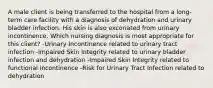 A male client is being transferred to the hospital from a long-term care facility with a diagnosis of dehydration and urinary bladder infection. His skin is also excoriated from urinary incontinence. Which nursing diagnosis is most appropriate for this client? -Urinary Incontinence related to urinary tract infection -Impaired Skin Integrity related to urinary bladder infection and dehydration -Impaired Skin Integrity related to functional incontinence -Risk for Urinary Tract Infection related to dehydration