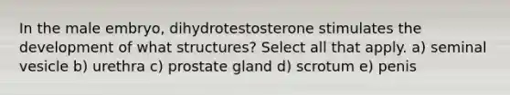 In the male embryo, dihydrotestosterone stimulates the development of what structures? Select all that apply. a) seminal vesicle b) urethra c) prostate gland d) scrotum e) penis