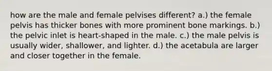 how are the male and female pelvises different? a.) the female pelvis has thicker bones with more prominent bone markings. b.) the pelvic inlet is heart-shaped in the male. c.) the male pelvis is usually wider, shallower, and lighter. d.) the acetabula are larger and closer together in the female.