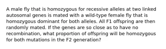 A male fly that is homozygous for recessive alleles at two linked autosomal genes is mated with a wild-type female fly that is homozygous dominant for both alleles. All F1 offspring are then randomly mated. If the genes are so close as to have no recombination, what proportion of offspring will be homozygous for both mutations in the F2 generation?