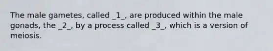 The male gametes, called _1_, are produced within the male gonads, the _2_, by a process called _3_, which is a version of meiosis.