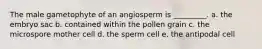 The male gametophyte of an angiosperm is _________. a. the embryo sac b. contained within the pollen grain c. the microspore mother cell d. the sperm cell e. the antipodal cell