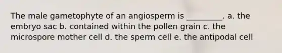 The male gametophyte of an angiosperm is _________. a. the embryo sac b. contained within the pollen grain c. the microspore mother cell d. the sperm cell e. the antipodal cell