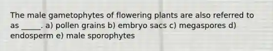 The male gametophytes of flowering plants are also referred to as _____. a) pollen grains b) embryo sacs c) megaspores d) endosperm e) male sporophytes