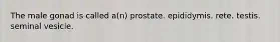 The male gonad is called a(n) prostate. epididymis. rete. testis. seminal vesicle.