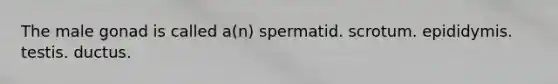 The male gonad is called a(n) spermatid. scrotum. epididymis. testis. ductus.