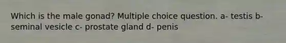 Which is the male gonad? Multiple choice question. a- testis b- seminal vesicle c- prostate gland d- penis