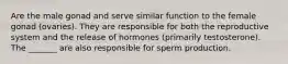 Are the male gonad and serve similar function to the female gonad (ovaries). They are responsible for both the reproductive system and the release of hormones (primarily testosterone). The _______ are also responsible for sperm production.