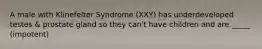 A male with Klinefelter Syndrome (XXY) has underdeveloped testes & prostate gland so they can't have children and are _____ (impotent)