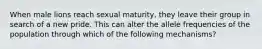 When male lions reach sexual maturity, they leave their group in search of a new pride. This can alter the allele frequencies of the population through which of the following mechanisms?