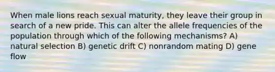 When male lions reach sexual maturity, they leave their group in search of a new pride. This can alter the allele frequencies of the population through which of the following mechanisms? A) natural selection B) genetic drift C) nonrandom mating D) gene flow