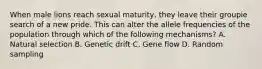 When male lions reach sexual maturity, they leave their groupie search of a new pride. This can alter the allele frequencies of the population through which of the following mechanisms? A. Natural selection B. Genetic drift C. Gene flow D. Random sampling