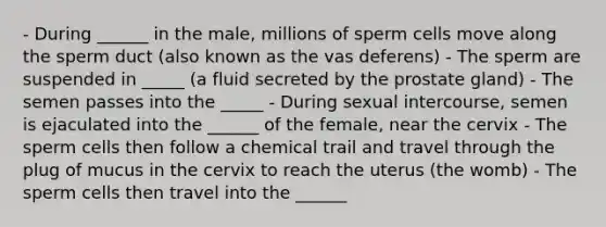 - During ______ in the male, millions of sperm cells move along the sperm duct (also known as the vas deferens) - The sperm are suspended in _____ (a fluid secreted by the prostate gland) - The semen passes into the _____ - During sexual intercourse, semen is ejaculated into the ______ of the female, near the cervix - The sperm cells then follow a chemical trail and travel through the plug of mucus in the cervix to reach the uterus (the womb) - The sperm cells then travel into the ______