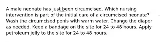 A male neonate has just been circumcised. Which nursing intervention is part of the initial care of a circumcised neonate? Wash the circumcised penis with warm water. Change the diaper as needed. Keep a bandage on the site for 24 to 48 hours. Apply petroleum jelly to the site for 24 to 48 hours.