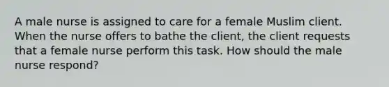 A male nurse is assigned to care for a female Muslim client. When the nurse offers to bathe the client, the client requests that a female nurse perform this task. How should the male nurse respond?