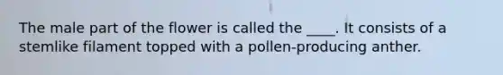 The male part of the flower is called the ____. It consists of a stemlike filament topped with a pollen-producing anther.