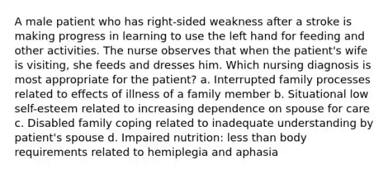 A male patient who has right-sided weakness after a stroke is making progress in learning to use the left hand for feeding and other activities. The nurse observes that when the patient's wife is visiting, she feeds and dresses him. Which nursing diagnosis is most appropriate for the patient? a. Interrupted family processes related to effects of illness of a family member b. Situational low self-esteem related to increasing dependence on spouse for care c. Disabled family coping related to inadequate understanding by patient's spouse d. Impaired nutrition: less than body requirements related to hemiplegia and aphasia