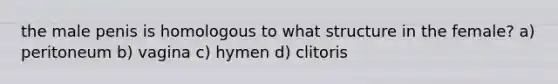 the male penis is homologous to what structure in the female? a) peritoneum b) vagina c) hymen d) clitoris