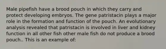 Male pipefish have a brood pouch in which they carry and protect developing embryos. The gene patristacin plays a major role in the formation and function of the pouch. An evolutionary analysis revealed that patristacin is involved in liver and kidney function in all other fish other male fish do not produce a brood pouch.. This is an example of: