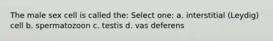 The male sex cell is called the: Select one: a. interstitial (Leydig) cell b. spermatozoon c. testis d. vas deferens