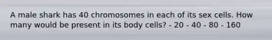 A male shark has 40 chromosomes in each of its sex cells. How many would be present in its body cells? - 20 - 40 - 80 - 160