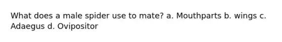 What does a male spider use to mate? a. Mouthparts b. wings c. Adaegus d. Ovipositor