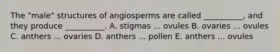 The "male" structures of angiosperms are called __________, and they produce __________. A. stigmas ... ovules B. ovaries ... ovules C. anthers ... ovaries D. anthers ... pollen E. anthers ... ovules