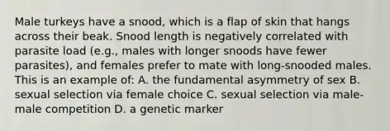 Male turkeys have a snood, which is a flap of skin that hangs across their beak. Snood length is negatively correlated with parasite load (e.g., males with longer snoods have fewer parasites), and females prefer to mate with long-snooded males. This is an example of: A. the fundamental asymmetry of sex B. sexual selection via female choice C. sexual selection via male-male competition D. a genetic marker