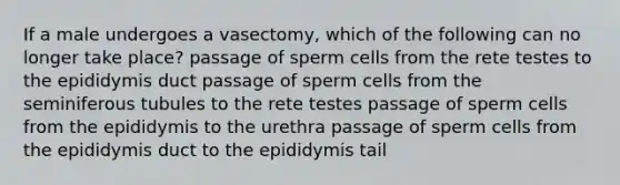 If a male undergoes a vasectomy, which of the following can no longer take place? passage of sperm cells from the rete testes to the epididymis duct passage of sperm cells from the seminiferous tubules to the rete testes passage of sperm cells from the epididymis to the urethra passage of sperm cells from the epididymis duct to the epididymis tail