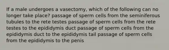 If a male undergoes a vasectomy, which of the following can no longer take place? passage of sperm cells from the seminiferous tubules to the rete testes passage of sperm cells from the rete testes to the epididymis duct passage of sperm cells from the epididymis duct to the epididymis tail passage of sperm cells from the epididymis to the penis