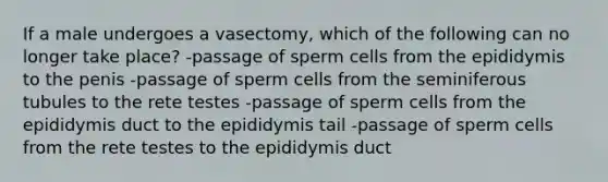 If a male undergoes a vasectomy, which of the following can no longer take place? -passage of sperm cells from the epididymis to the penis -passage of sperm cells from the seminiferous tubules to the rete testes -passage of sperm cells from the epididymis duct to the epididymis tail -passage of sperm cells from the rete testes to the epididymis duct