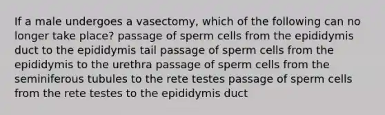 If a male undergoes a vasectomy, which of the following can no longer take place? passage of sperm cells from the epididymis duct to the epididymis tail passage of sperm cells from the epididymis to the urethra passage of sperm cells from the seminiferous tubules to the rete testes passage of sperm cells from the rete testes to the epididymis duct