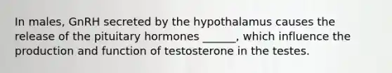 In males, GnRH secreted by the hypothalamus causes the release of the pituitary hormones ______, which influence the production and function of testosterone in the testes.