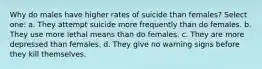 Why do males have higher rates of suicide than females? Select one: a. They attempt suicide more frequently than do females. b. They use more lethal means than do females. c. They are more depressed than females. d. They give no warning signs before they kill themselves.